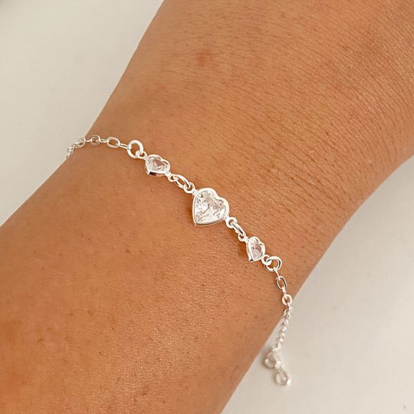 Pulseira Prata Legitima 925 3 Corações Zirconia Cristal 1,5gr