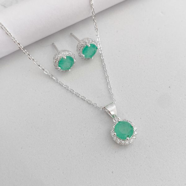 Conjunto Prata Legitima 925 Corrente 40cm + Brinco Zirconia Turmalina