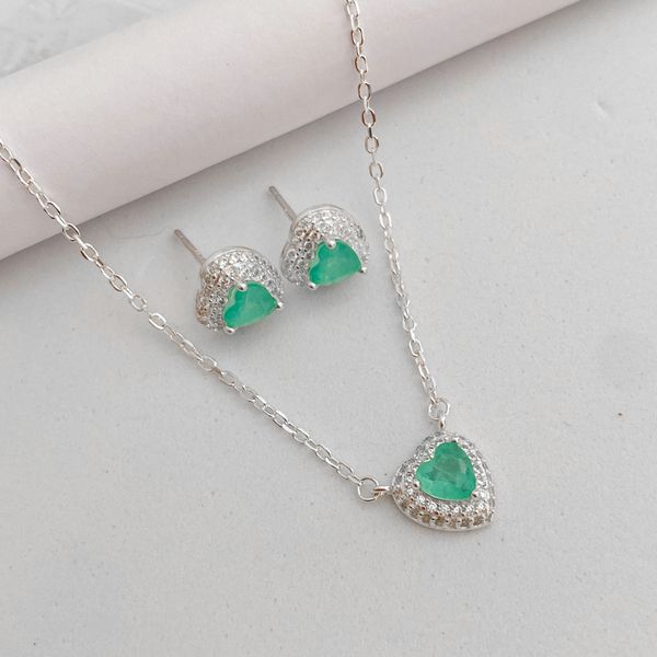 Conjunto Prata Legitima 925 Corrente 45cm + Brinco Coração Turmalina