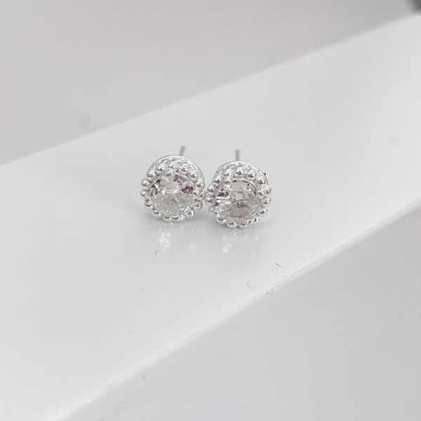 Brinco Prata Legitima 925 Zirconia Cristal Redonda com Base Trabalhada