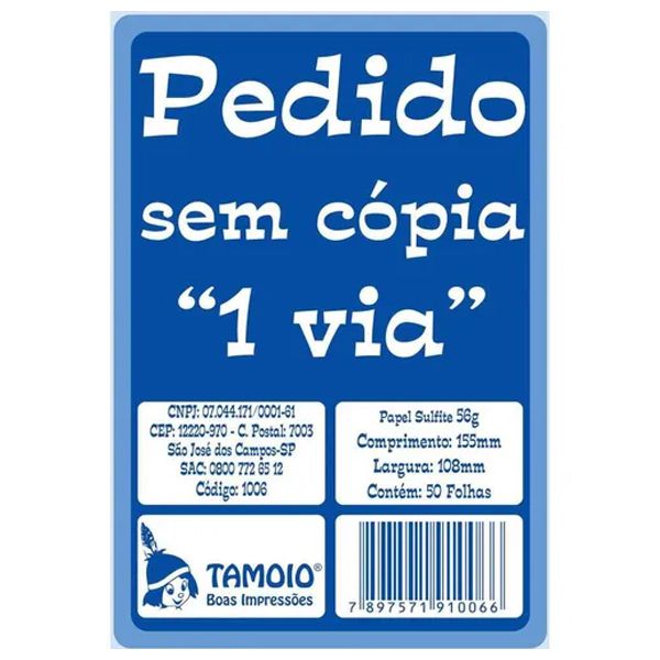 Bloco de Pedido 50 folhas Formato: 155mm x 215mm 1/18 - 1 via