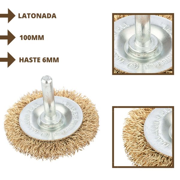 ESCOVA DE AÇO CIRCULAR LATONADA 100MM HASTE 6MM FIO ONDULADO