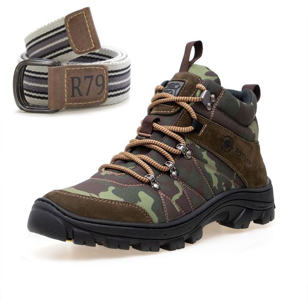 Kit Masculino Coturno Bota Adventure Tractor Camuflado e Cinto casual Oliva ROTA79