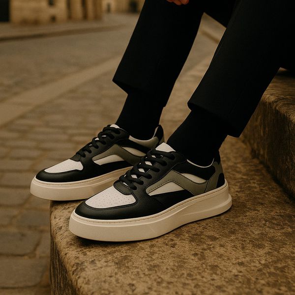 Tênis Sneaker Masculino Casual Couro Legítimo Yokohama Fly Cinza Gelo e Preto