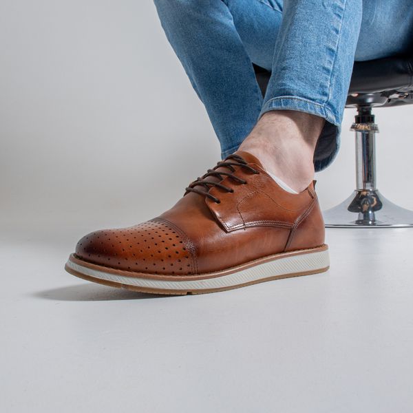 Sapato Masculino Derby Esporte Fino Eccelenza em Couro Nobre Caramelo 