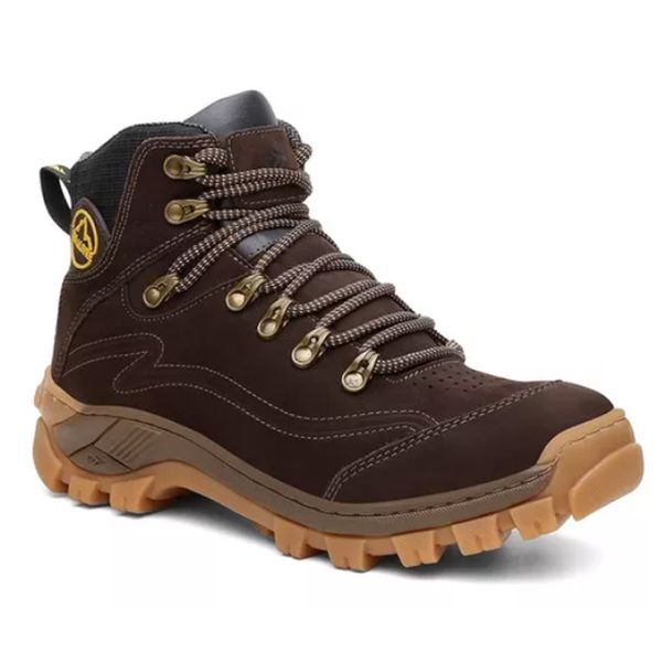 Bota Coturno Cano Médio Couro Legítimo Chicago Café Masculina Adventure Trilha Com C.A 