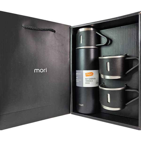 KIT GARRAFA TERMICA INOX 500ML C/2 XICARAS EXTRAS - PRETO -MORI