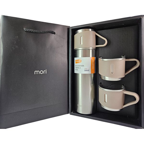 KIT GARRAFA TERMICA INOX 500ML C/2 XICARAS EXTRAS - BEGE -MORI