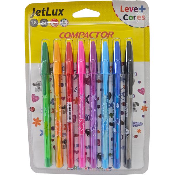 KIT C/8 CANETAS ESFEROGRÁFICAS JETLUX CORES VIBRANTES - COMPACTOR