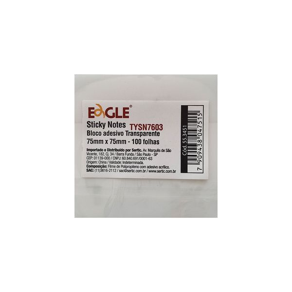 BLOCO DE ANOTAÇÕES EAGLE TRANSPARENTE 100FLS 75X75MM - TYSN7603