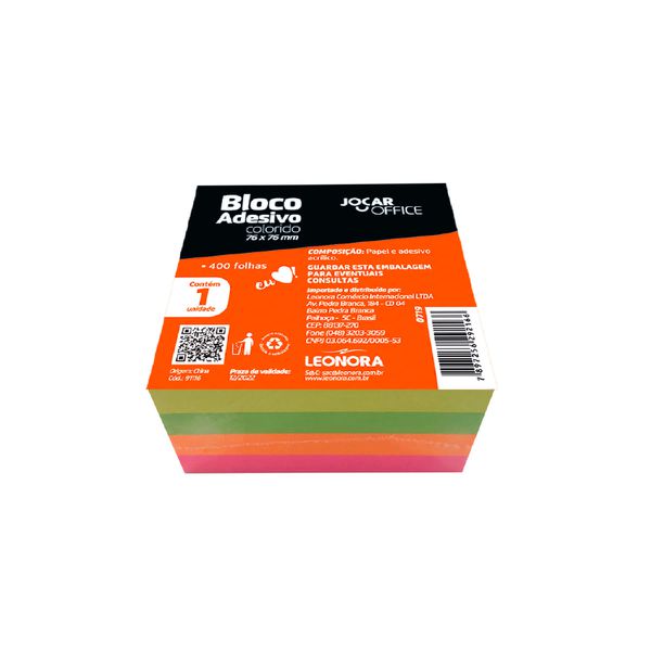 BLOCO ADESIVO CUBO COLORIDO 76MMx76MM 400F UND JOCAR OFFICE