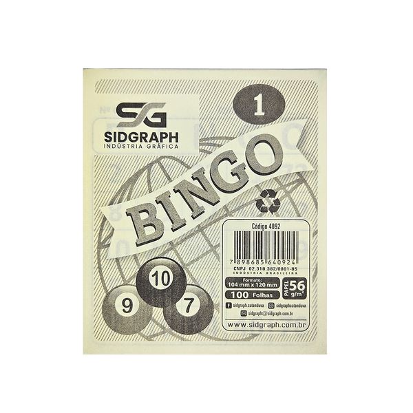 CARTELA DE BINGO C/ 100 FOLHAS AMARARELAS - SIDGRAPH