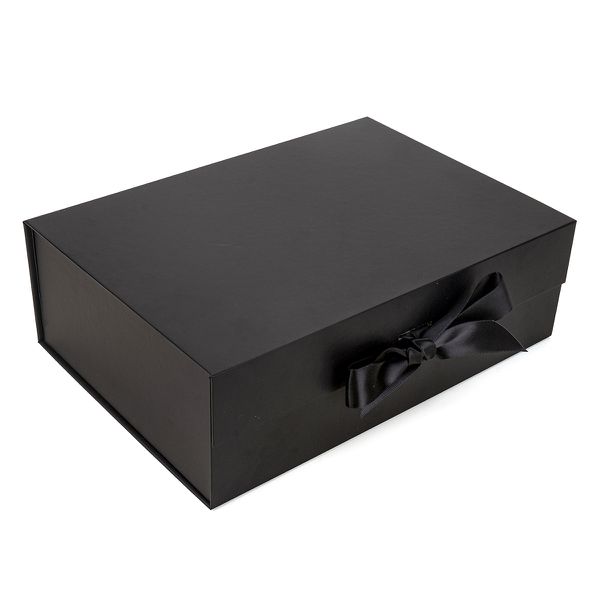 CAIXA PRESENTE PRETA C/ IMÃ E FITA DE CETIM 280X20... - SACO & SACOLA