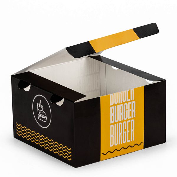 CAIXA LANCHE HAMBURGUER GRANDE BLACK YELLOW - 50 U... - SACO & SACOLA