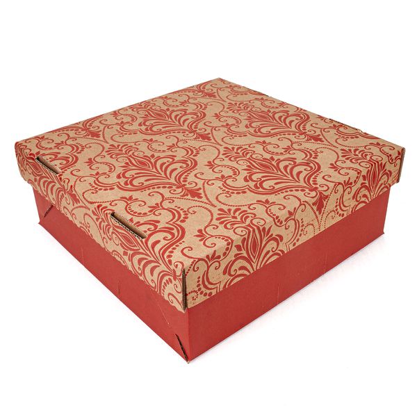 CAIXA P/ BOLO 32X32X12 - ARABESCO FLORAL VERMELHO ... - SACO & SACOLA