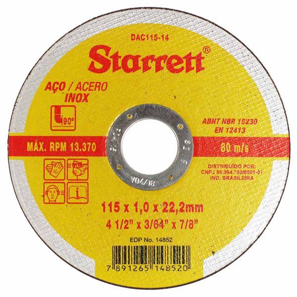 Disco de Corte 4.1/2 x 1,0mm x 7/8 DAC115-14 Starrett