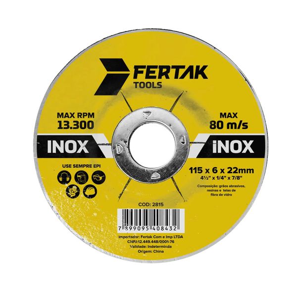 Disco Desbaste 4.1/2 x 1/4 x 7/8 Aço Inox 2815 Fertak