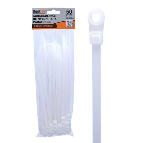 Abraçadeira de Nylon 4,8 x 200mm Branca para Parafuso Bestfer BFH2989 50 Peças