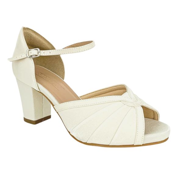 SANDÁLIA DE NOIVA LINHA CONFORT SALTO GROSSO E DOBRAÇÃO OFF WHITE