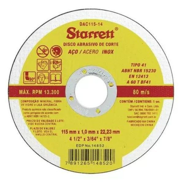 Disco Corte Inox 4.1/2 x 22,23mm(7/8) - Starret (d... - SANTAROSA LAR E CONSTRUÇÃO