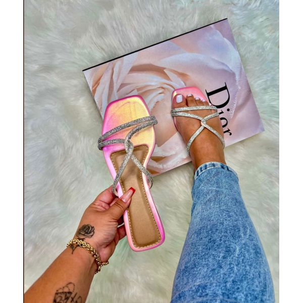 Rasteira Rosa Claro Strass