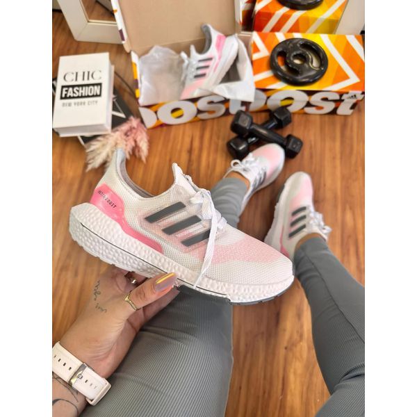 Tenis Ad Branco com Detalhe Rosa e Cinza