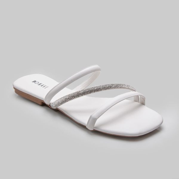 Rasteira Patricia com strass: confortável e elegante, disponível em branco, bronze e preto.