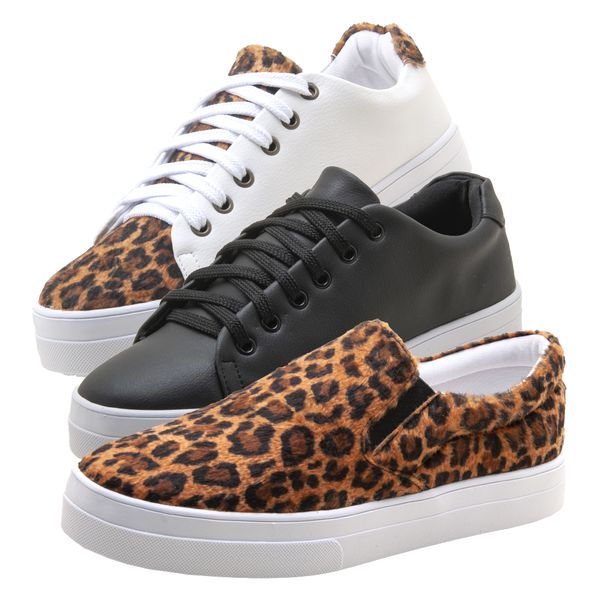 Kit 3 Pares Tênis Casual Branco e Preto e Animal Print Menina Brasil