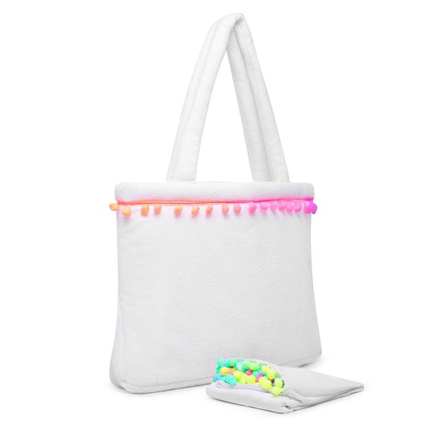Kit Canga Bolsa De Praia Feminina Atoalhada Pompom Estilo Sacola Branco