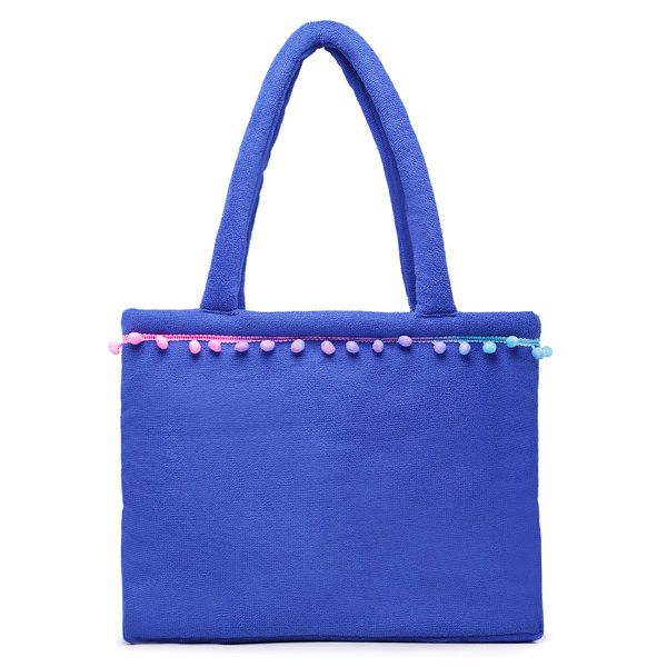 Bolsa De Praia Feminina Atoalhada Pompom Estilo Sacola Zíper Azul