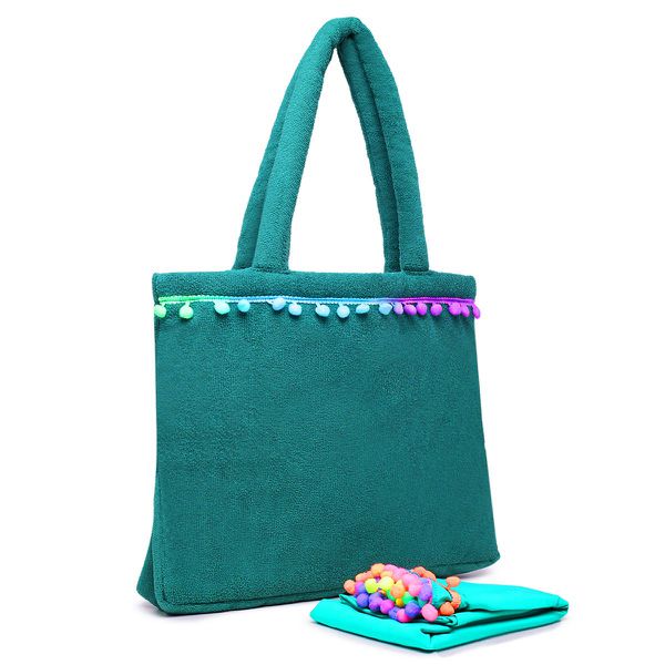 Kit Canga Bolsa De Praia Feminina Atoalhada Pompom Estilo Sacola Verde