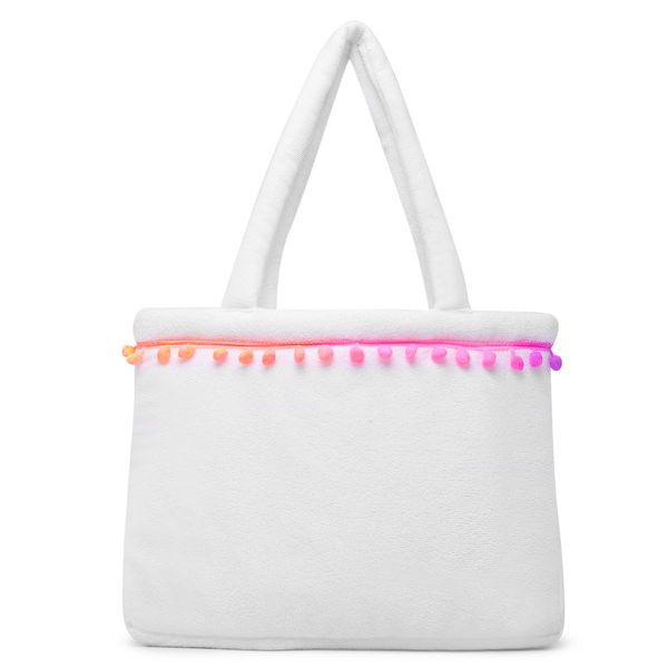 Bolsa De Praia Feminina Atoalhada Pompom Estilo Sacola Zíper Branco
