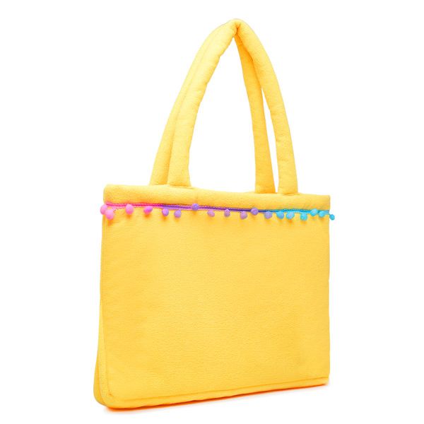 Bolsa De Praia Feminina Atoalhada Pompom Estilo Sacola Zíper Amarelo