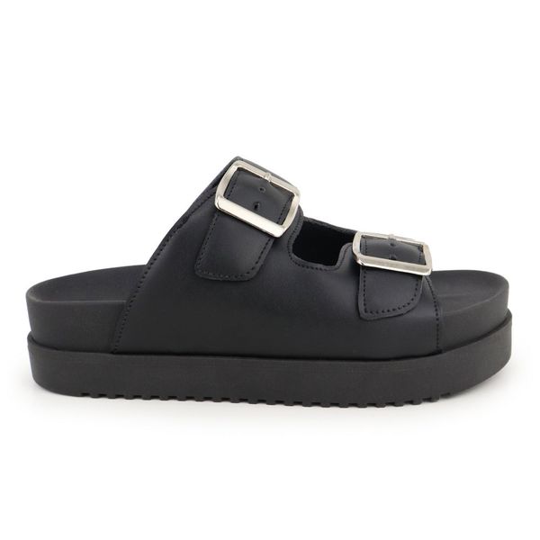 Sandália Papete Com Fivela Flat Plataforma Deise Preta
