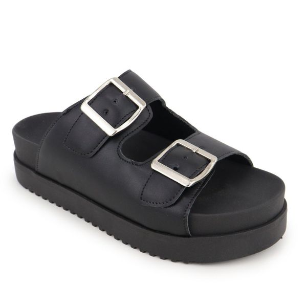 Sandália Papete Com Fivela Flat Plataforma Deise Preta