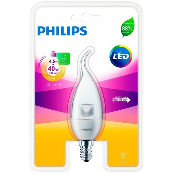 Lâmpada LED Vela Chama Philips Bivolt 4,5W-40W E14 3000K 350 Lumens