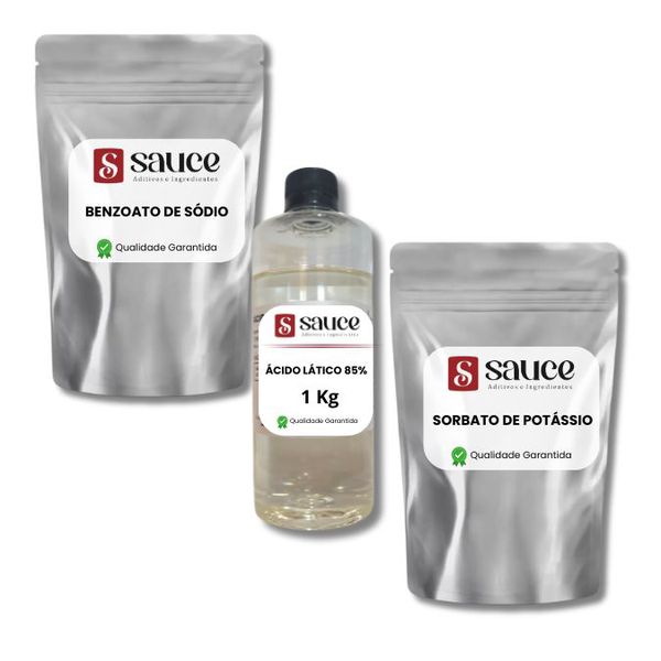 KIT Conservantes para Molhos - Sorbato de Potássio (1 kg) Benzoato de Sódio (1 kg) Ácido Lático 85% ( 1 kg)