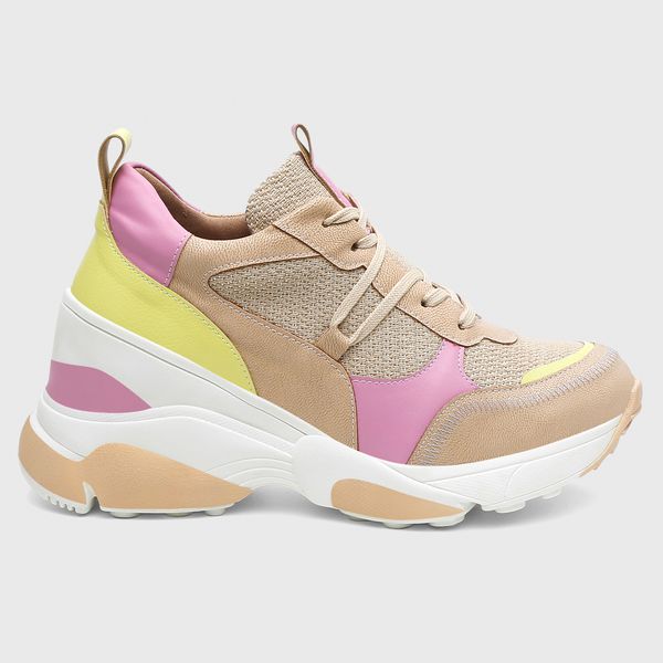 Tênis Feminino Plataforma Eloá Bege/Rosa/Lemon 
