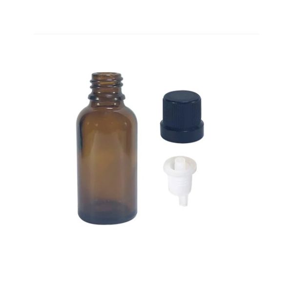 FRASCO DIN VIDRO ÂMBAR COM TAMPA LACRE E BATOQUE 30ML