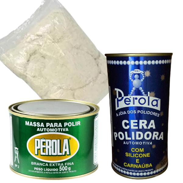 Kit Polimento Perola Cera Liquida + Massa + Estopa 500g