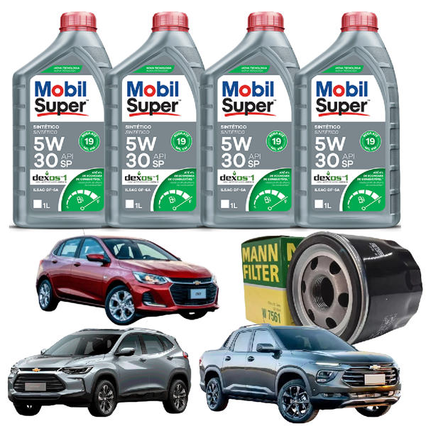 Kit Troca de Óleo Mobil 5w30 GM Onix Tracker Montana Turbo 1.0 1.2 3 cilindros Ano 2019/ Chevrolet