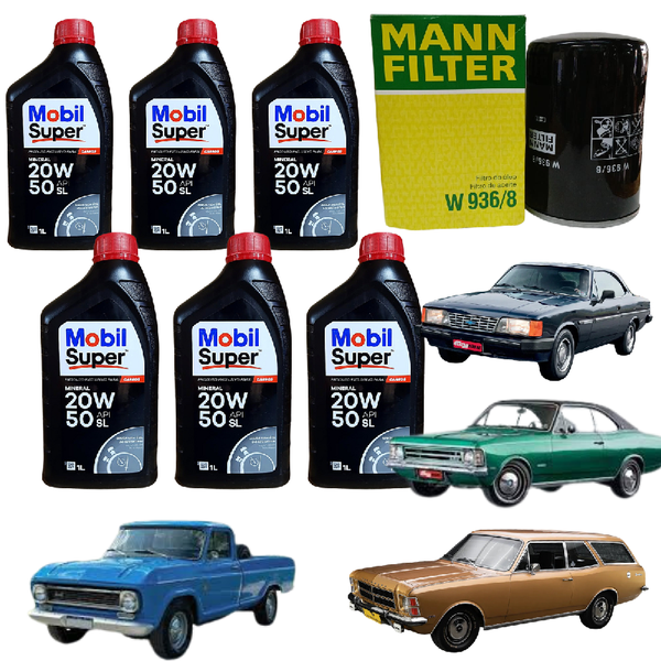 Kit Troca de Óleo Mobil 20w50 Mineral Motor 4.1 6cc GM Opala Caravan C10 A10 Veraneio Chevrolet