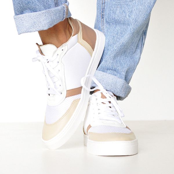 Tênis Feminino Couro Branco, Creme e Marrom