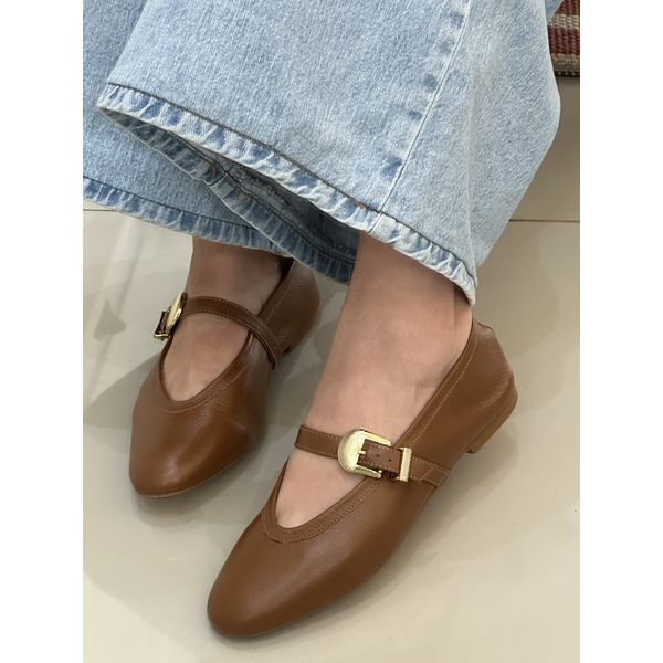 ATENAS - SAPATILHA FEMININA COURO FIVELA CARAMELO