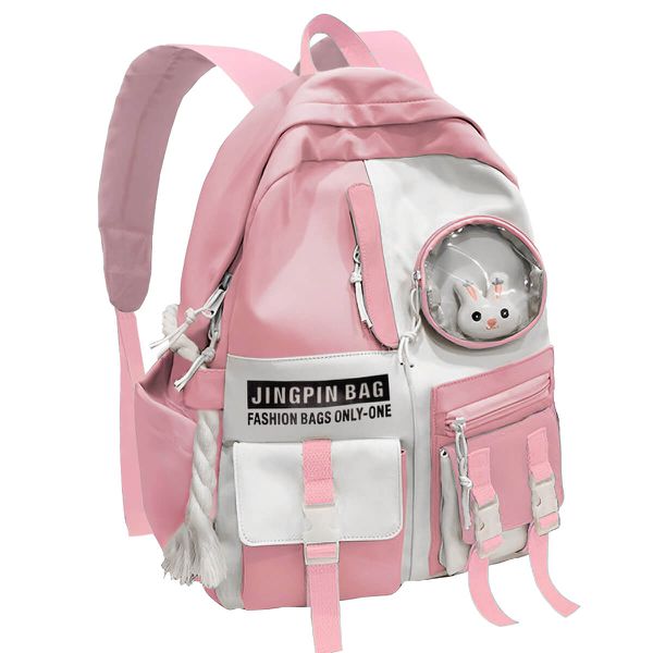 Mochila Bolsa Média Estilo Infantil Escolar Corda Lateral e Acessórios Rosa