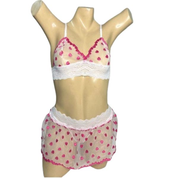 Conjunto Coração Com Sainha (ID1118)- - Branco c/ Rosa 
