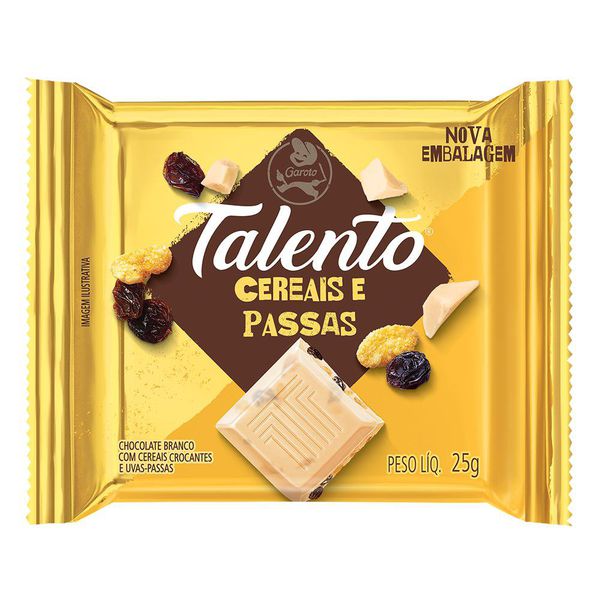 Chocolate Talento Branco Com Cereais e Passas 25g