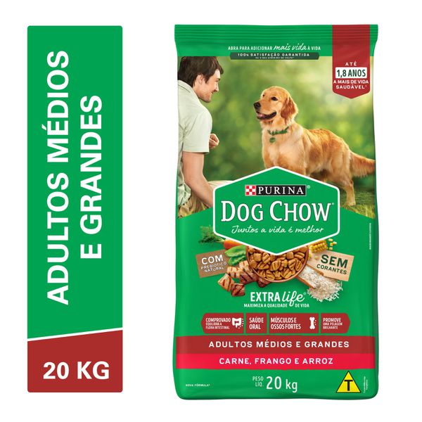 Dog Chow Cães Adultos Raças Médias e Grandes Carne, Frango e Arroz 20kg