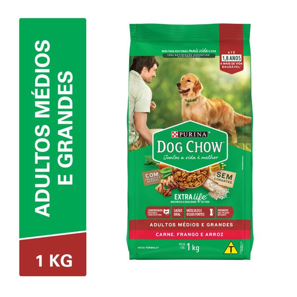 Dog Chow Ração Seca Cães Adultos Raças Médias e Grandes Carne, Frango e Arroz 1kg
