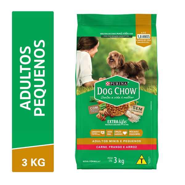 Dog Chow Cães Adultos Raças Minis e Pequenas Carne, Frango e Arroz 3kg